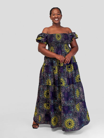 Vivo Kitenge Bustier Maxi Dress - Purple / Yellow Abstract Print - Shopzetu