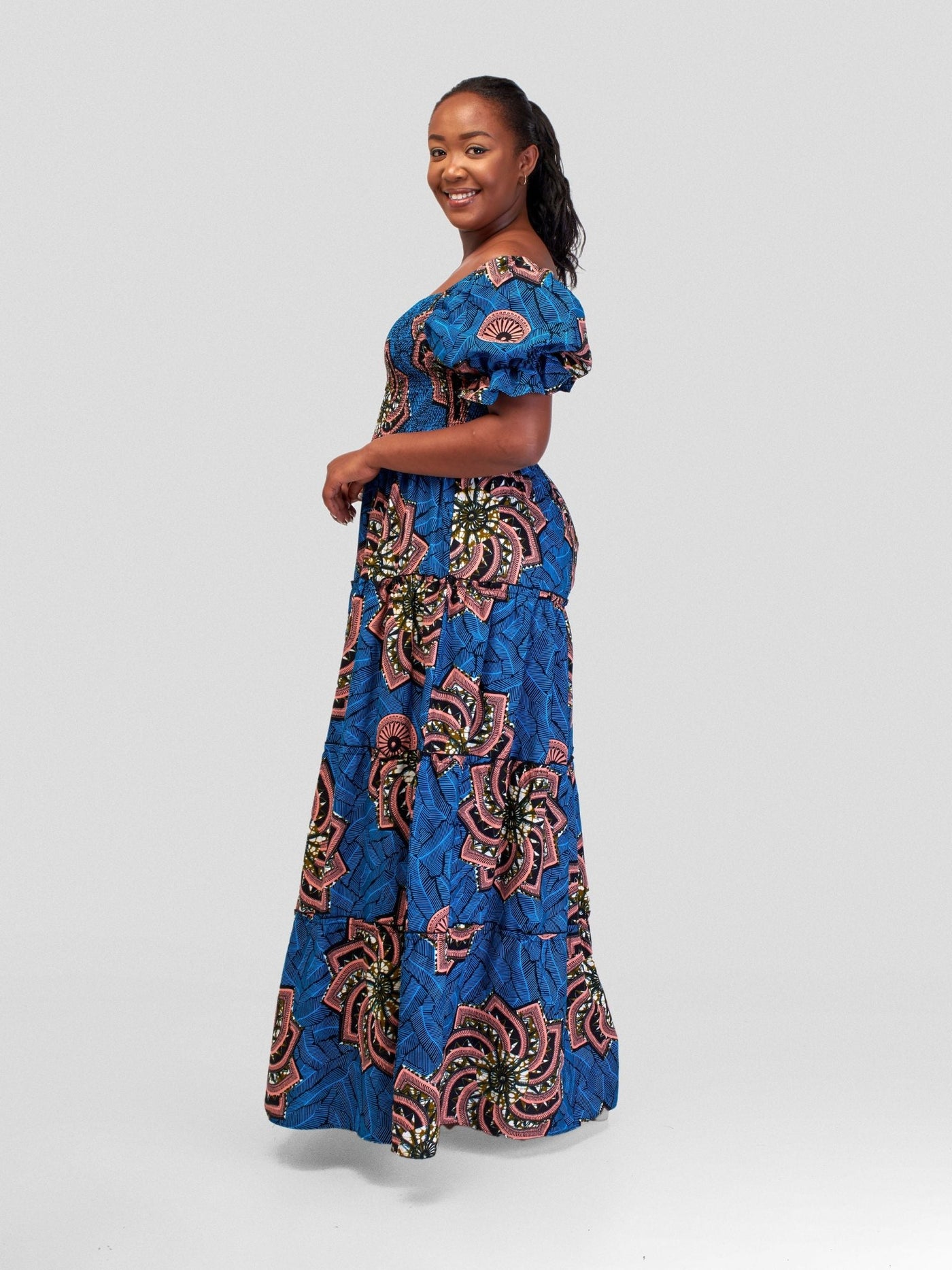 Vivo Kitenge Bustier Maxi Dress - Peach / Blue Abstract Print - Shopzetu