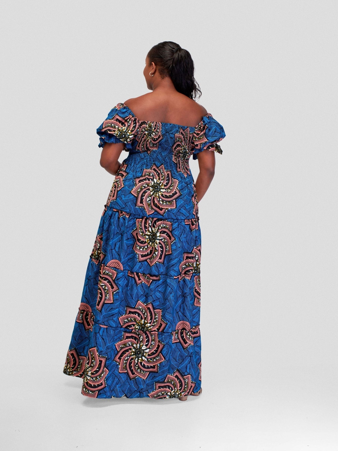 Vivo Kitenge Bustier Maxi Dress - Peach / Blue Abstract Print - Shopzetu