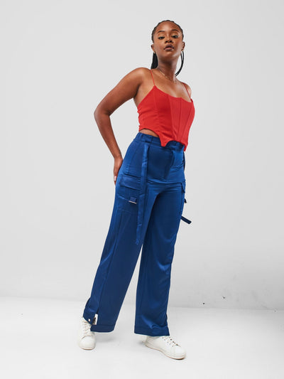 Carrie Wahu X SZ Satin Cargo Pants - Navy Blue - Shopzetu