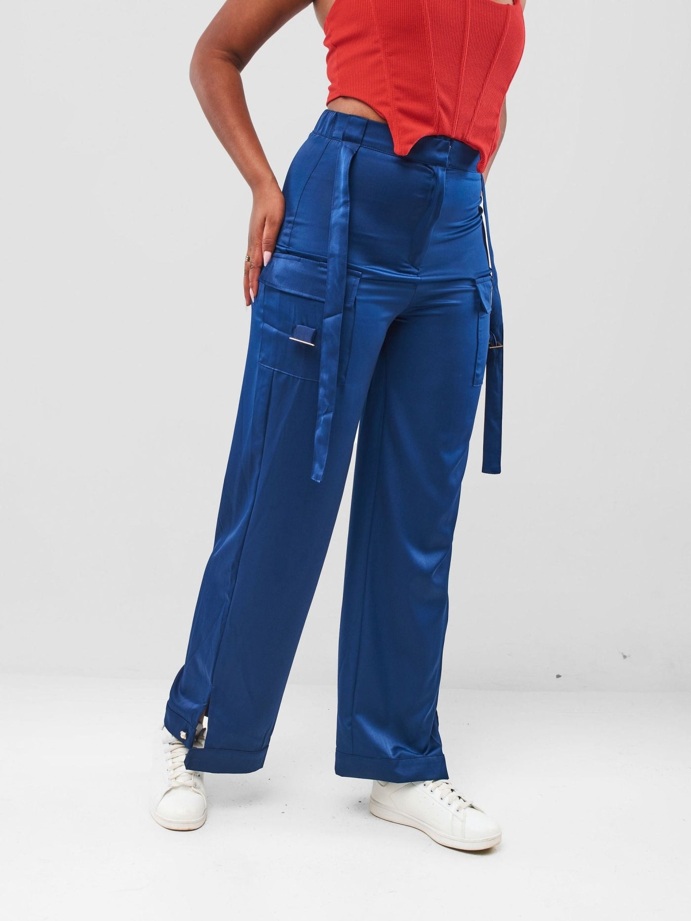 Carrie Wahu X SZ Satin Cargo Pants - Navy Blue - Shopzetu