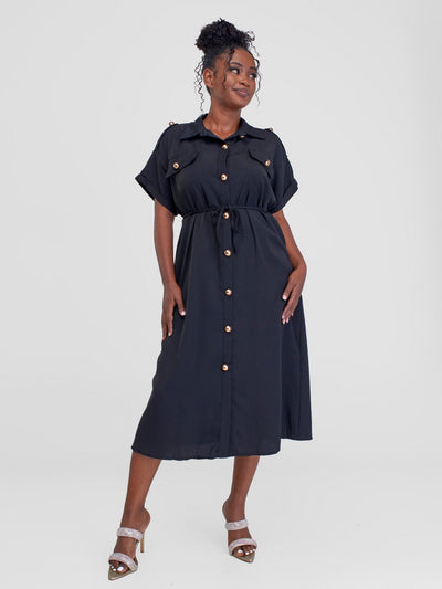 Alara Button Down S/Sleeved With Double Pockets Cargo Like Dress - Black - Shopzetu