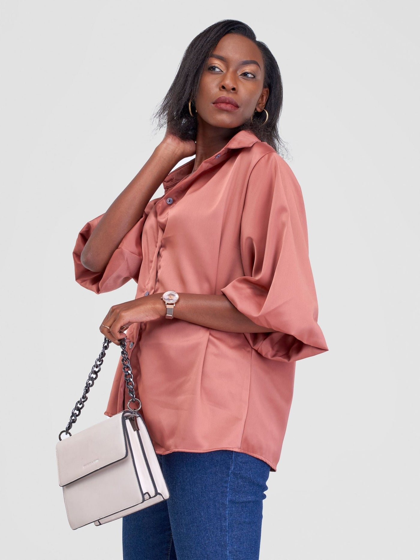 Alara Bubble Sleeve Collared Shirt - Blush Pink - Shopzetu