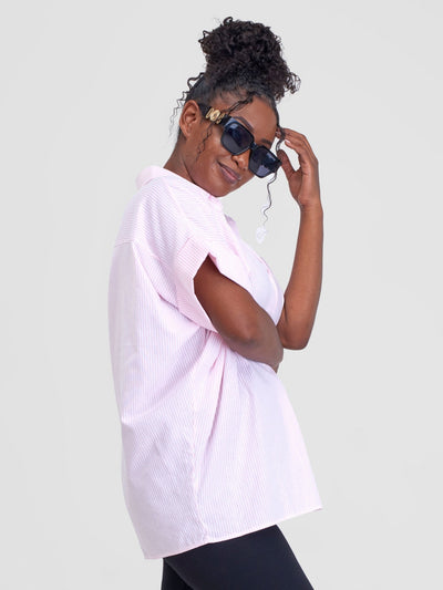 Alara Stripped 3/4 Sleeve Highlow Shirt - Light Pink - Shopzetu