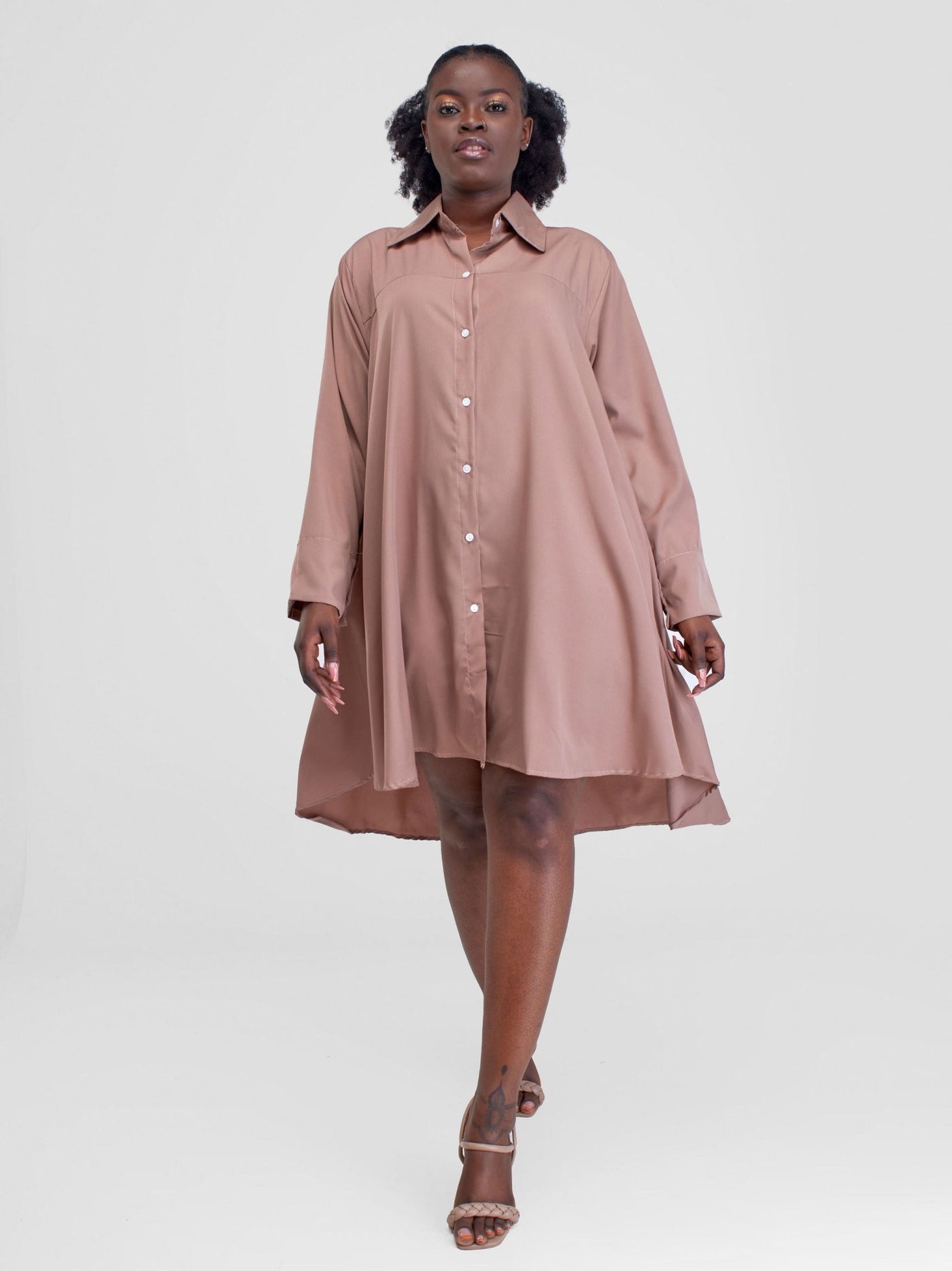Alara Basic Button Up Shirt Dress - Brown - Shopzetu