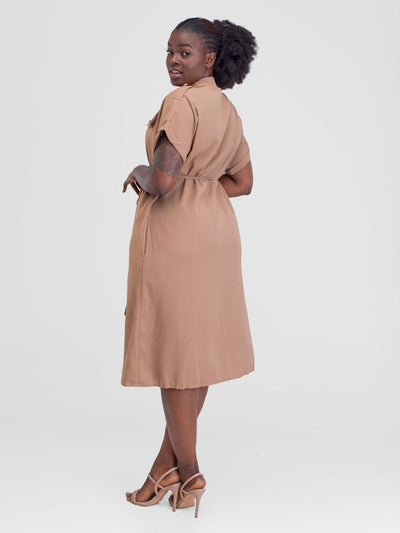 Alara Button Down S/Sleeved With Double Pockets Cargo Like Dress - Brown - Shopzetu
