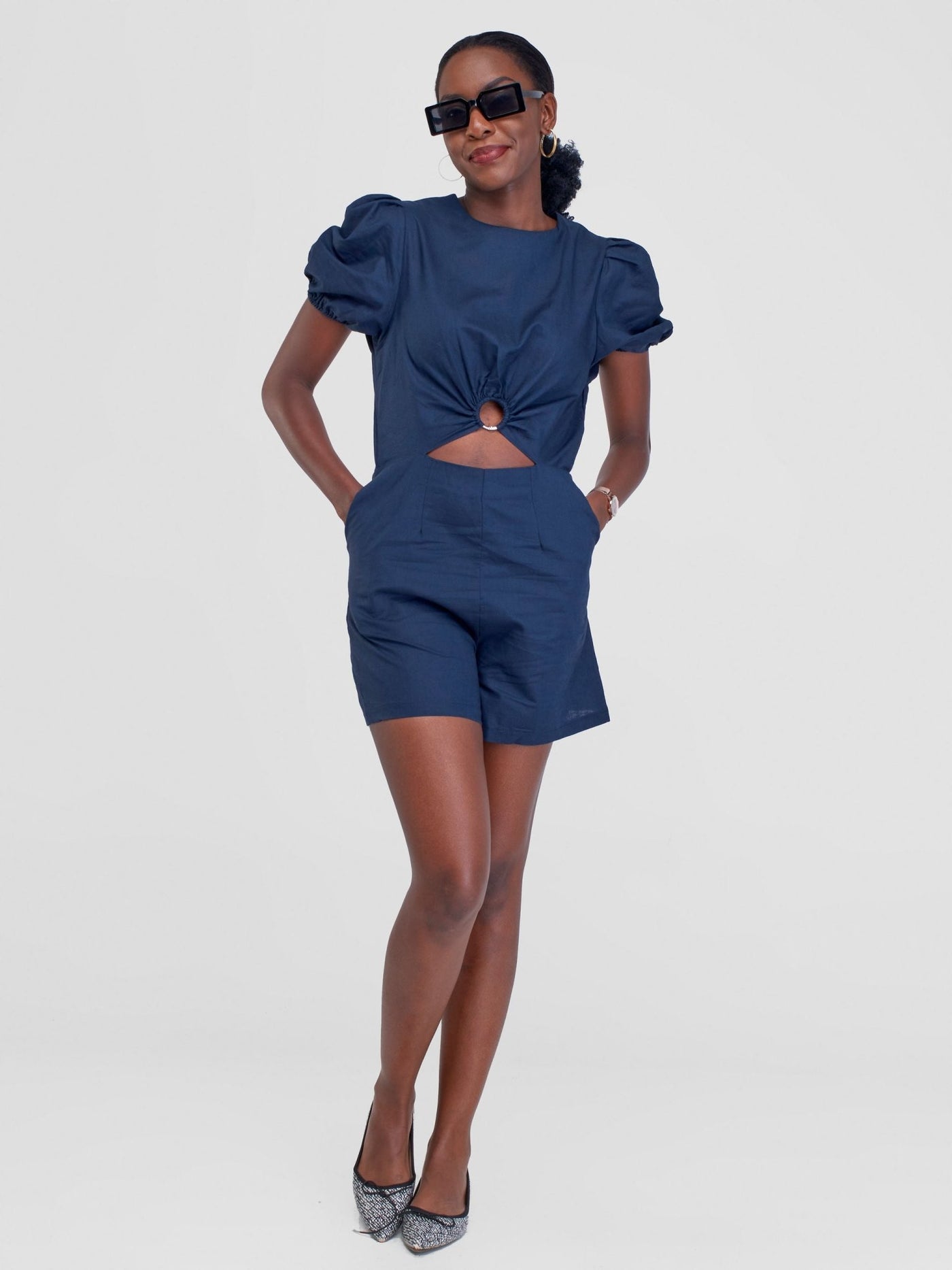 Alara Linen Romper With A Central Metalic Ring And Front Cutout - Navy Blue - Shopzetu