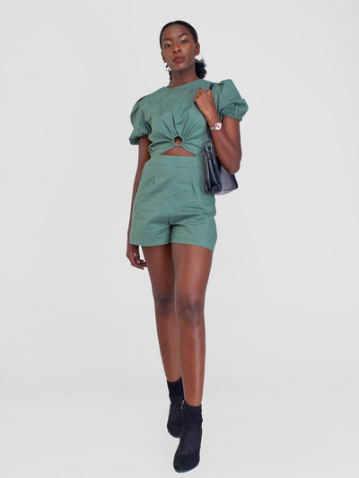 Alara Linen Romper With A Central Metalic Ring And Front Cutout - Olive Green - Shopzetu