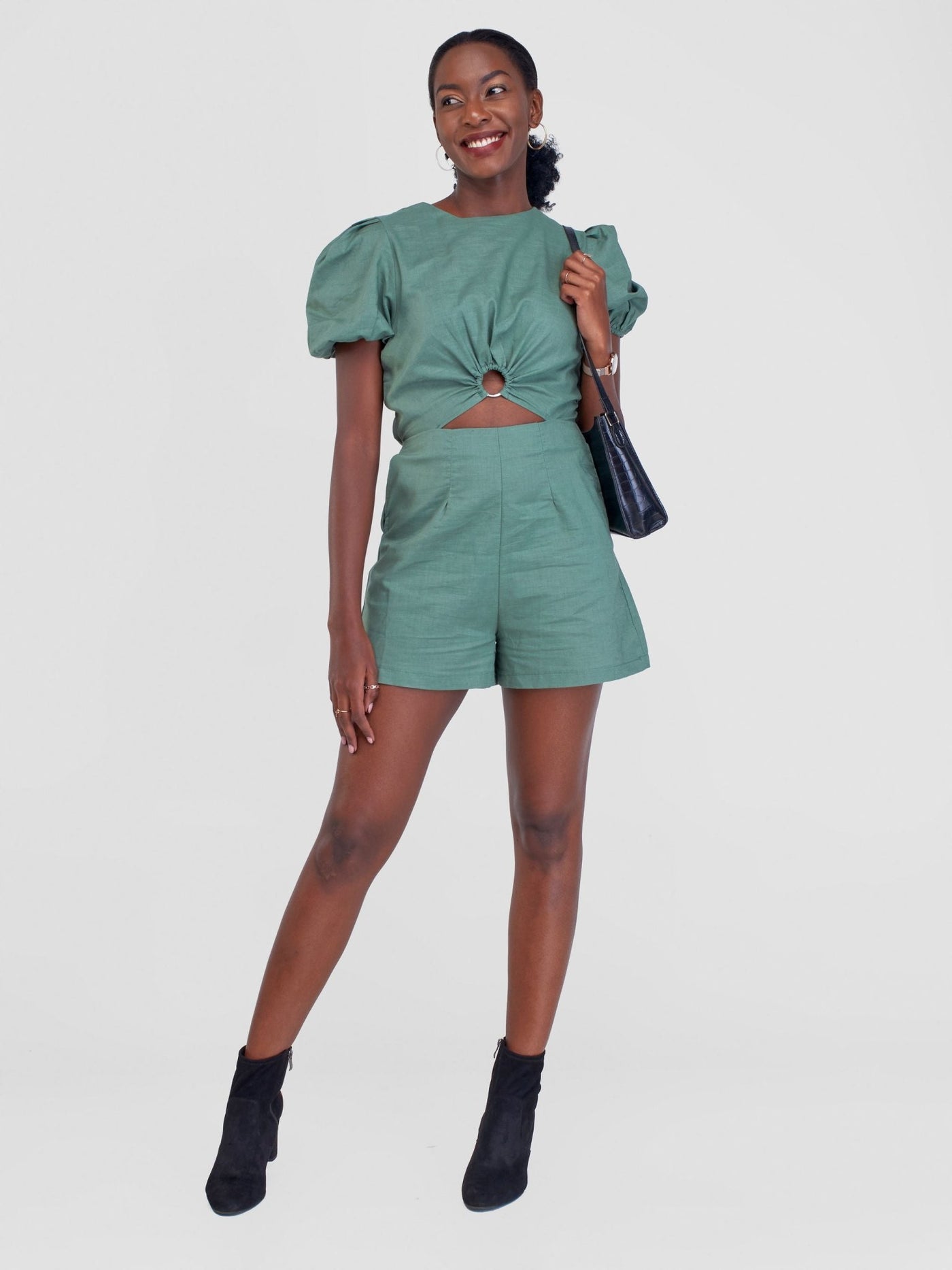 Alara Linen Romper With A Central Metalic Ring And Front Cutout - Olive Green - Shopzetu