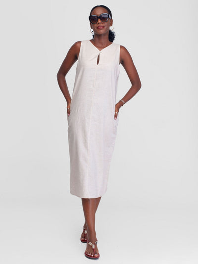 Alara Long A-Line Sleeveless Dress With Double Pockets - Beige - Shopzetu