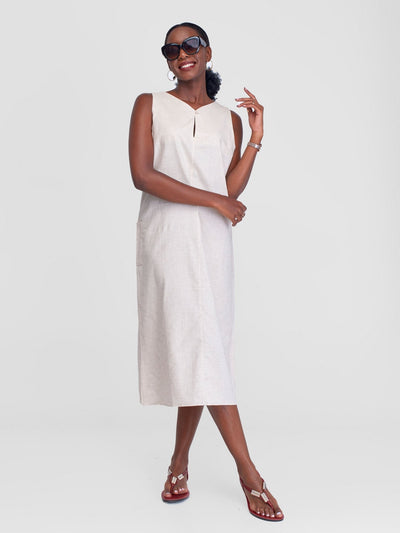 Alara Long A-Line Sleeveless Dress With Double Pockets - Beige - Shopzetu