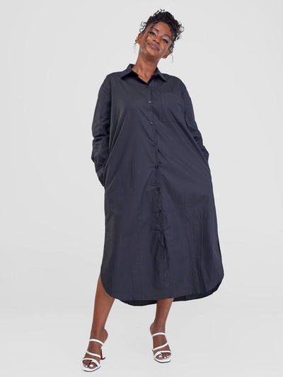 Alara Long Sleeve Maxi Shirt Dress - Black - Shopzetu