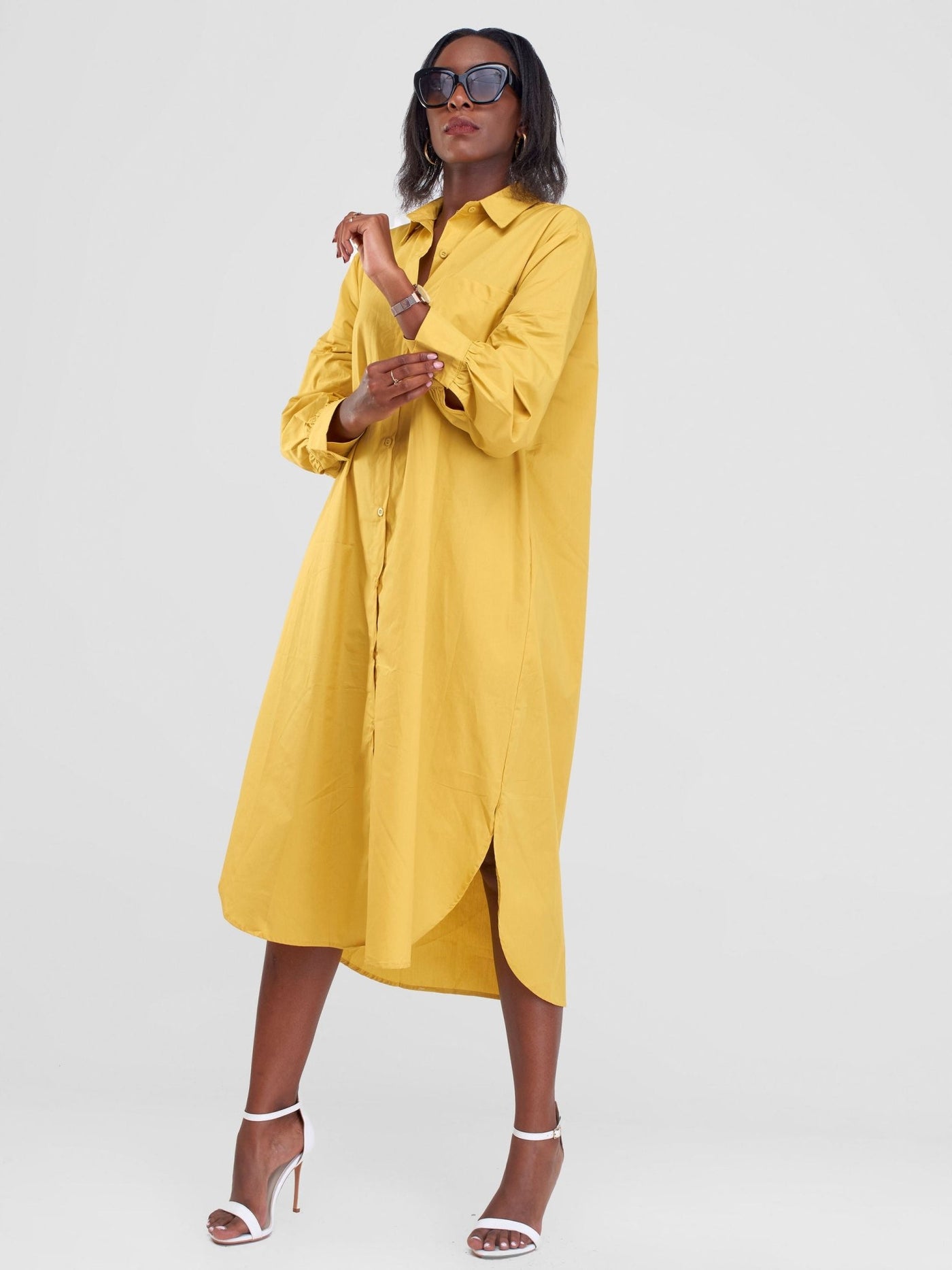 Alara Bishop Sleeve Maxi Shirt Dress - Mustard - Shopzetu