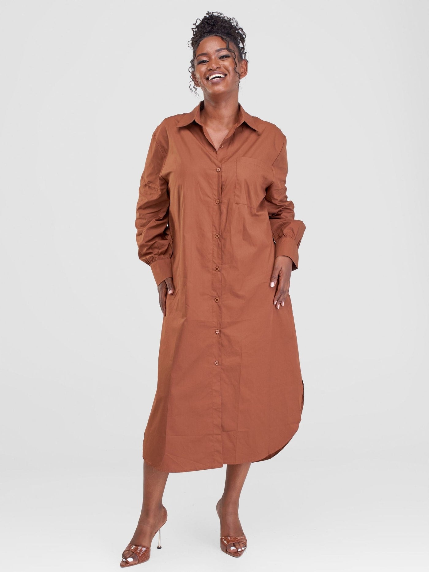 Alara Bishop Sleeve Maxi Shirt Dress - Brown - Shopzetu