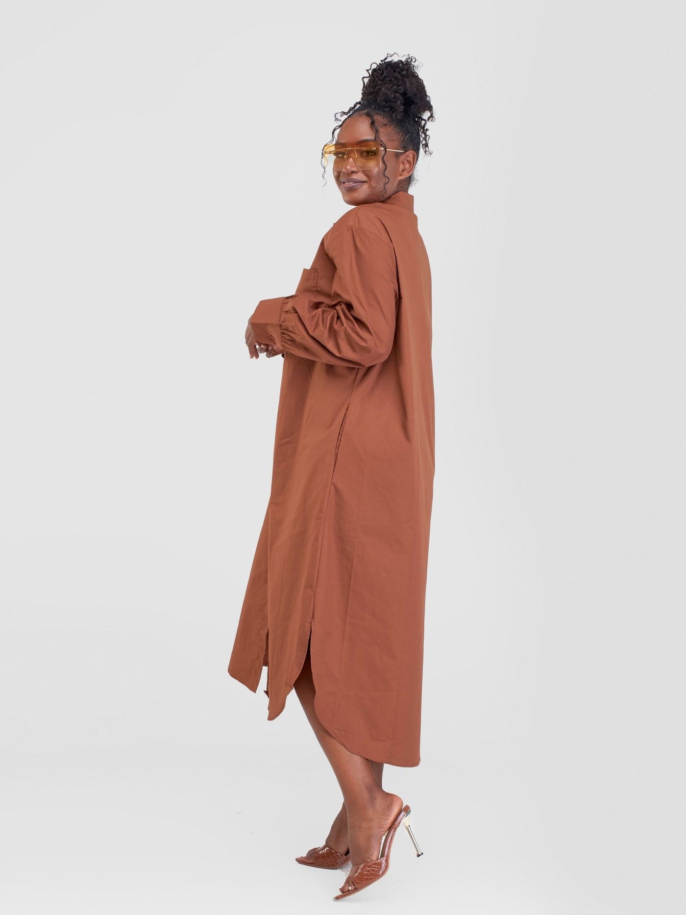 Alara Bishop Sleeve Maxi Shirt Dress - Brown - Shopzetu