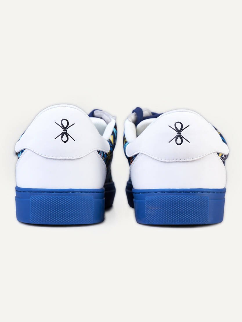 Kali Sneakers: Premium Vibrant Blue pattern KK - White Leather - Shopzetu