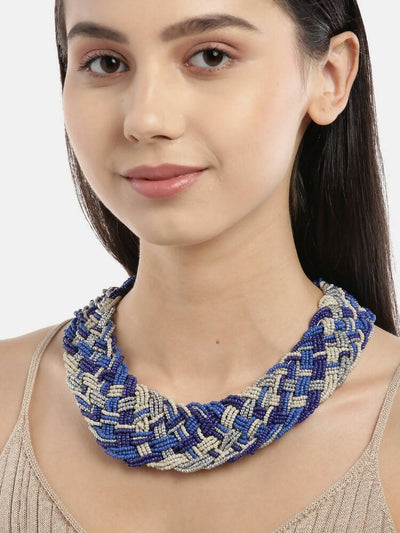 Slaks World Fashion Beaded Braided Necklace - Blue - Shopzetu
