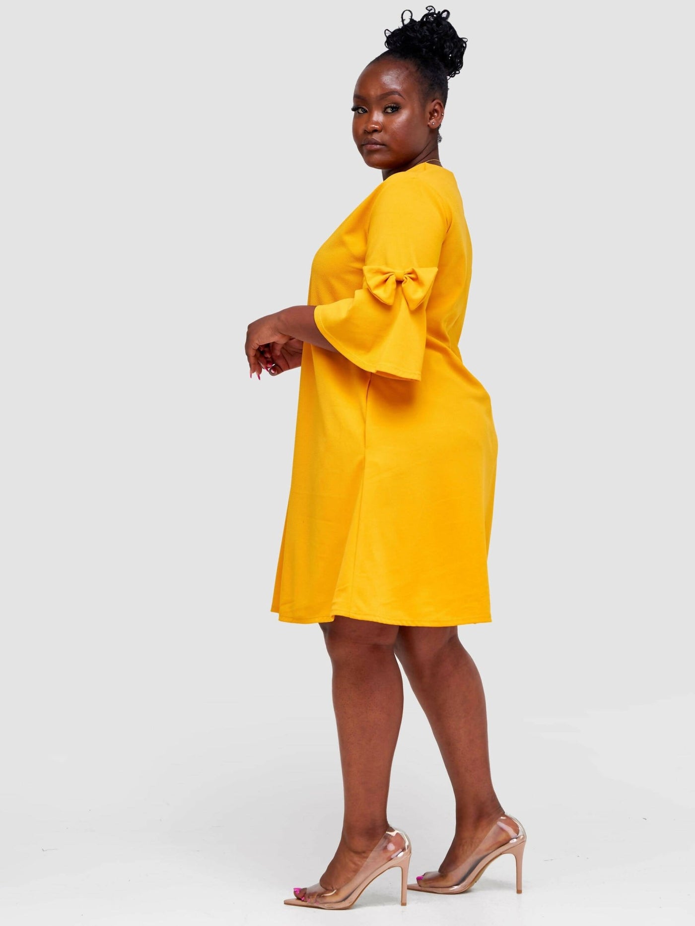 Steady Wear Bow Sleeved Shift Dresses - Mustard - Shopzetu