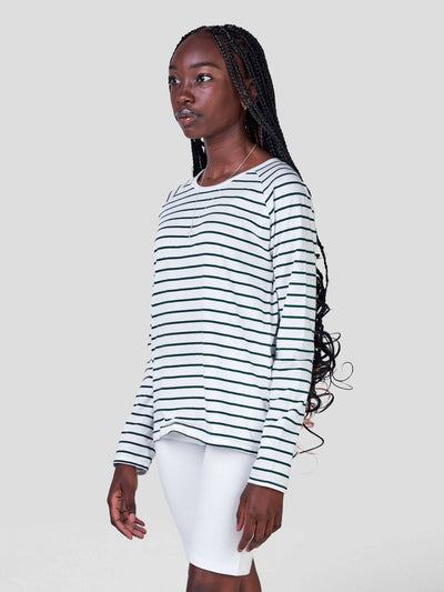 Inken Stripe Long Sleeve Hi-Lo Raglan T-shirt - Green Stripes - Shopzetu