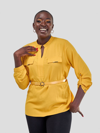 The Fashion Frenzy Belted Mock Pocket Long Sleeve Blouse - Mustard - Shopzetu