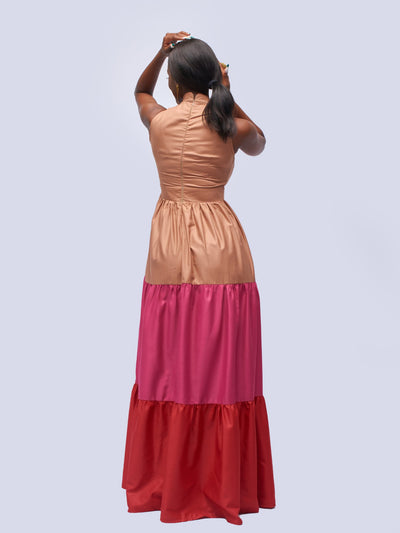 Tuli Karimi Tiered Maxi Dress - Beige & Pink & Red - Shopzetu