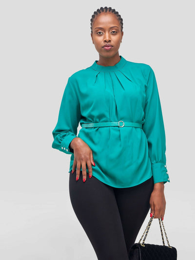 The Fashion Frenzy Belted Long Sleeve Blouse - Green - Shopzetu