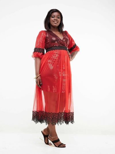 Twilight Collections Midi & Capri Dresses Lace & Sequin Dress - Red - Shopzetu