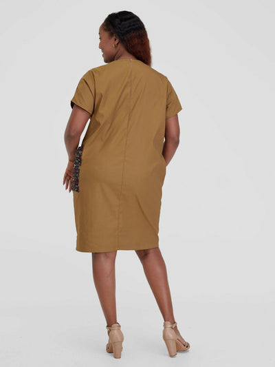 Beqss Zula Dolman Asymmetrical Shift Dress - Khaki - Shopzetu