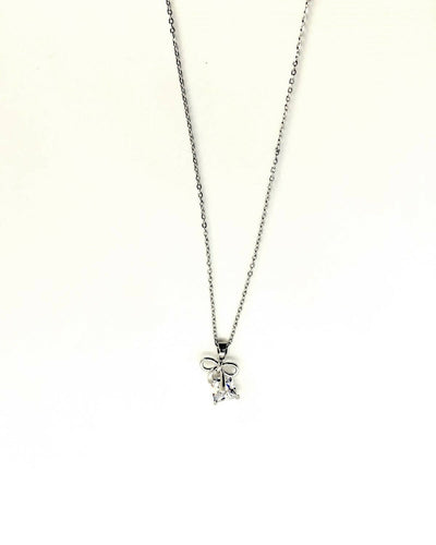 Slaks World Fashion Bowtie & Crystal Pendant Necklace - Silver - Shopzetu