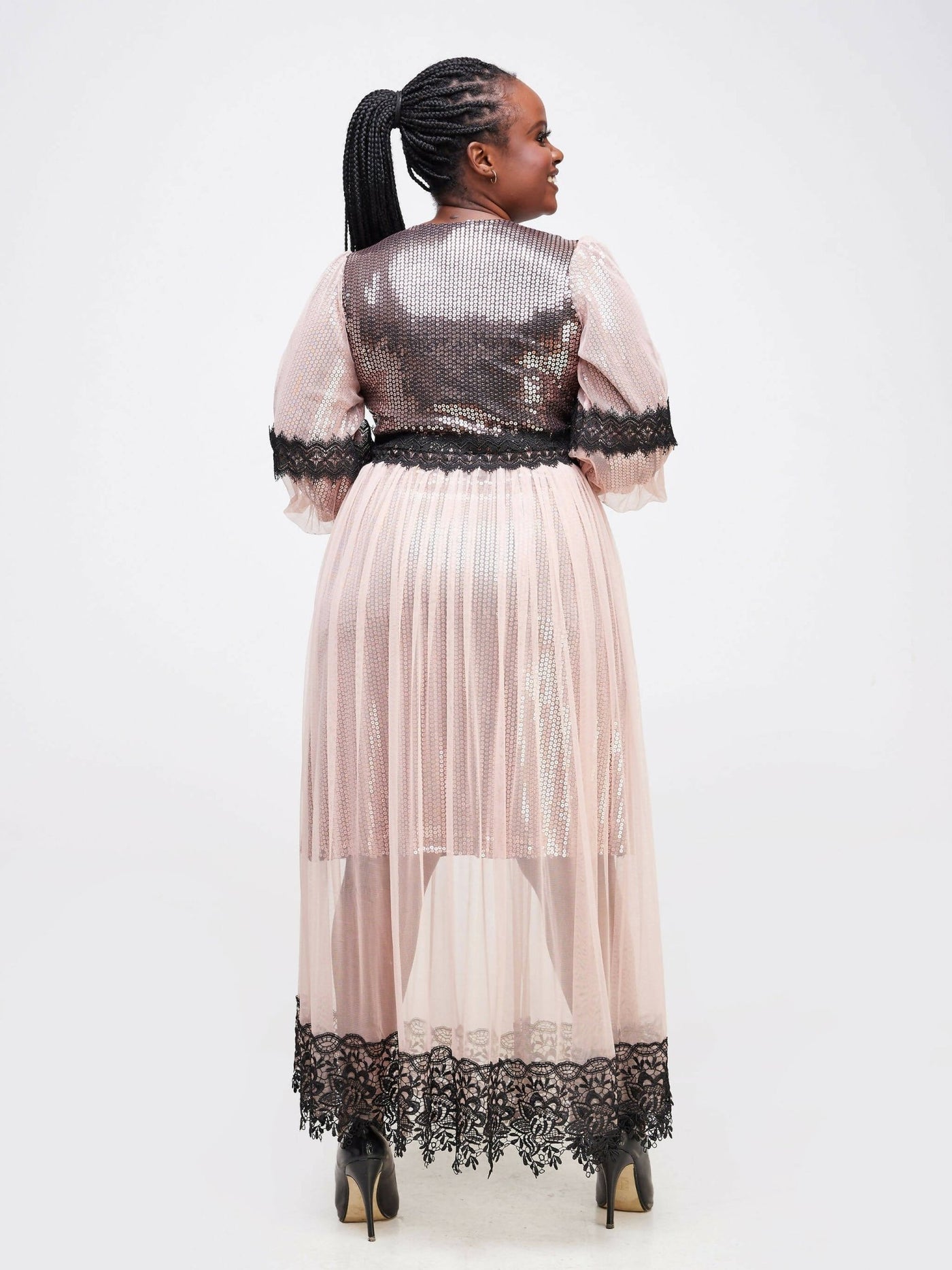 Twilight Collections Midi & Capri Dresses Lace Sequin Dress - Light Peach - Shopzetu