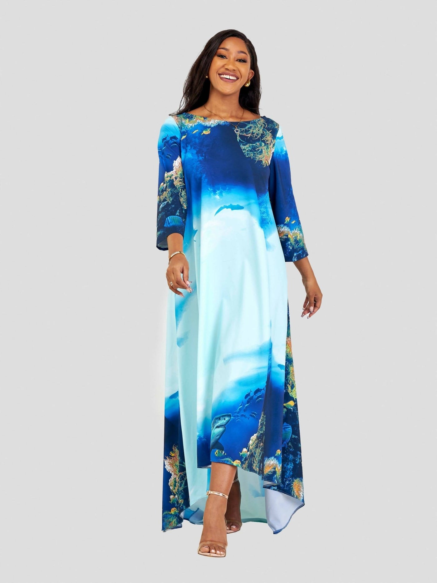 Jolly Fancy Wear High-Low Ocean Print Maxi Dress - Royal Blue - Shopzetu