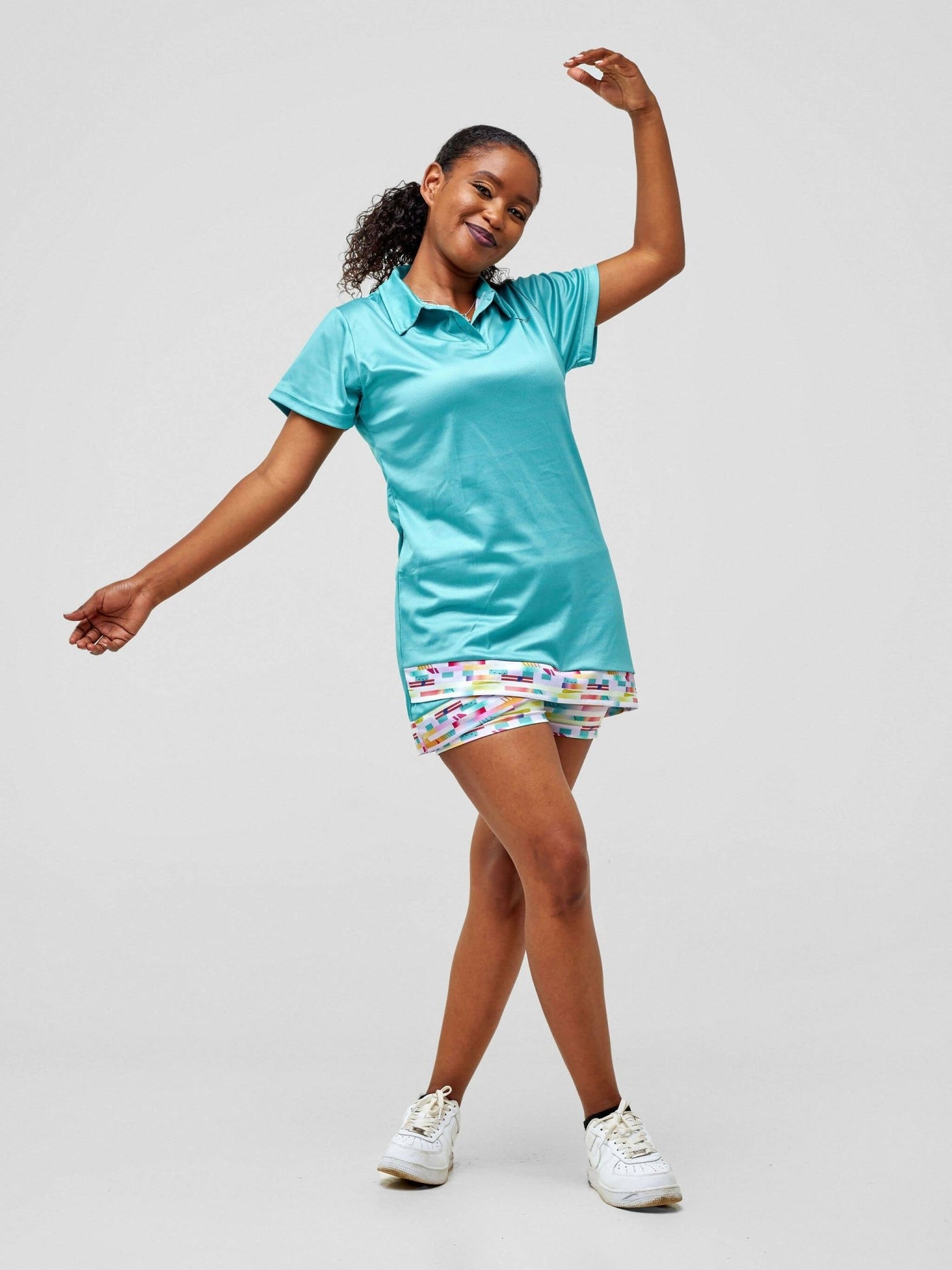 Authetic Golf Shirt Dress With Multicolored Undershorts - Teal - Shopzetu