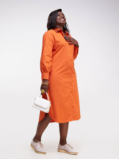 Alara Long Sleeve Maxi Shirt Dress - Orange - Shopzetu