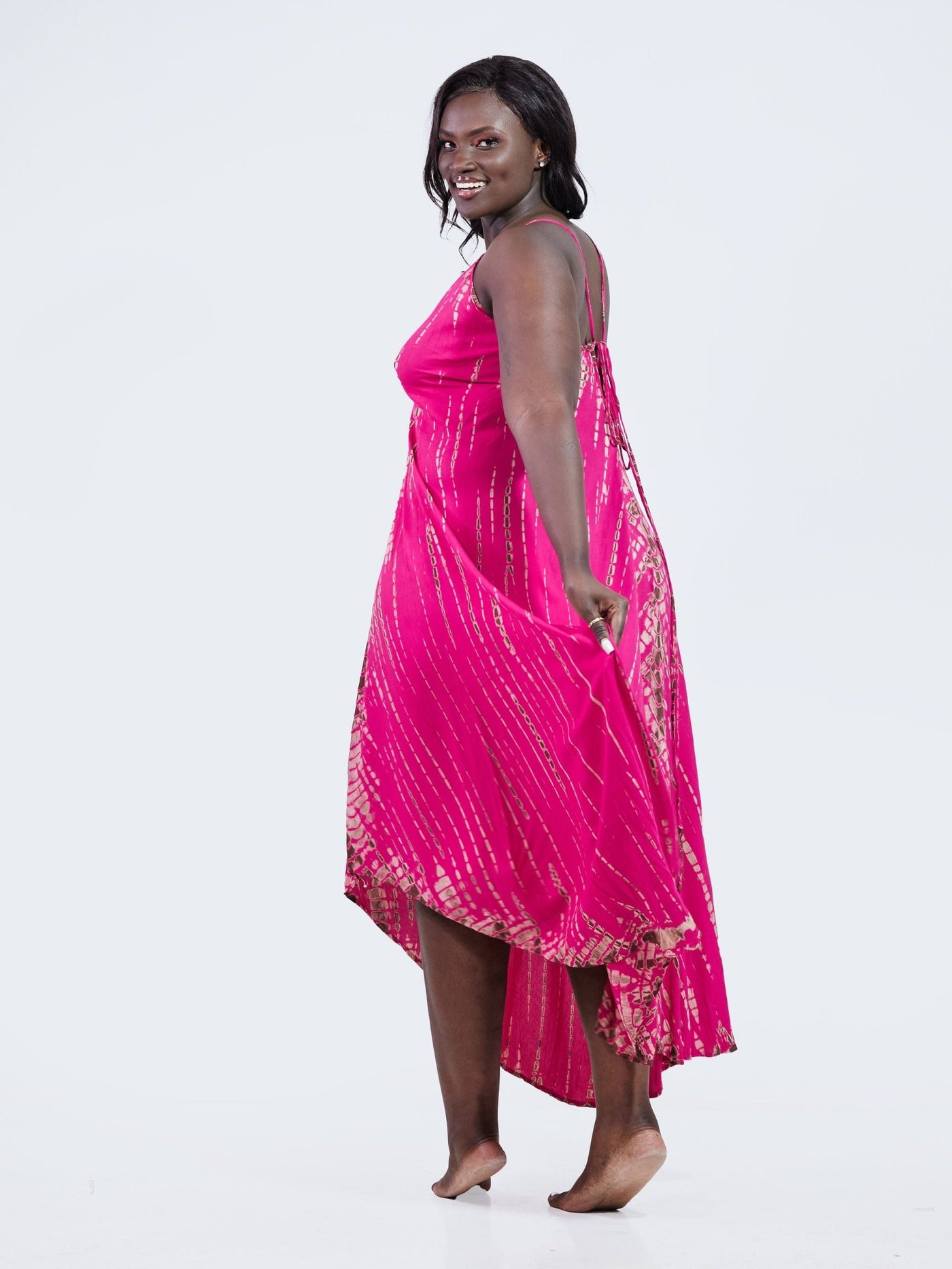 Sayuri Tie & Dye A-Line Maxi Dress With Shoulder Tie - Pink - Shopzetu