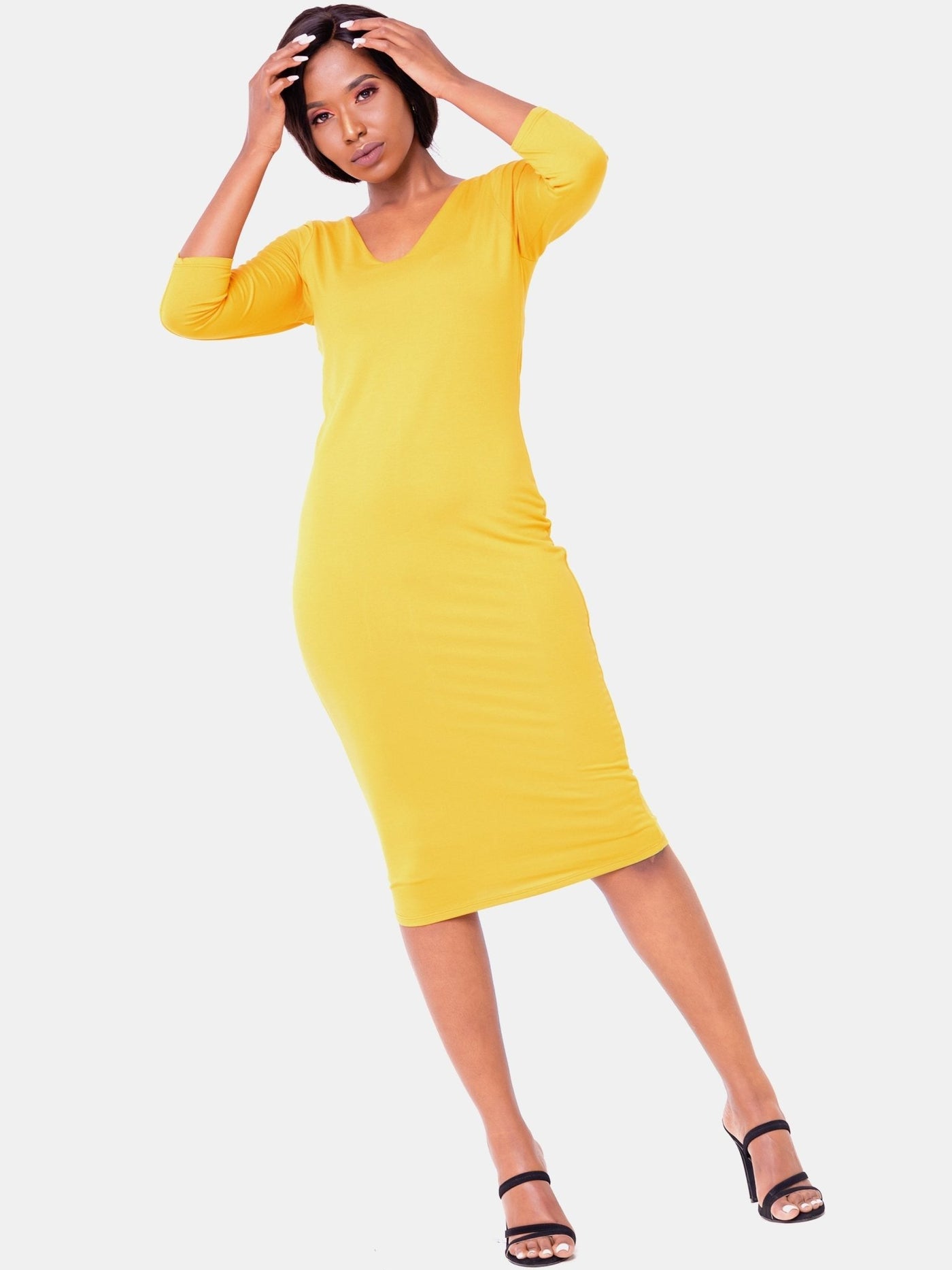 Vivo Basic 3/4 Sleeve Double Layered Bodycon Dress - Mustard - Shopzetu