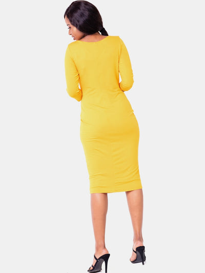 Vivo Basic 3/4 Sleeve Double Layered Bodycon Dress - Mustard - Shopzetu