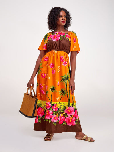 Sayuri Off Shoulder Printed Beach Dress - Orange - Shopzetu