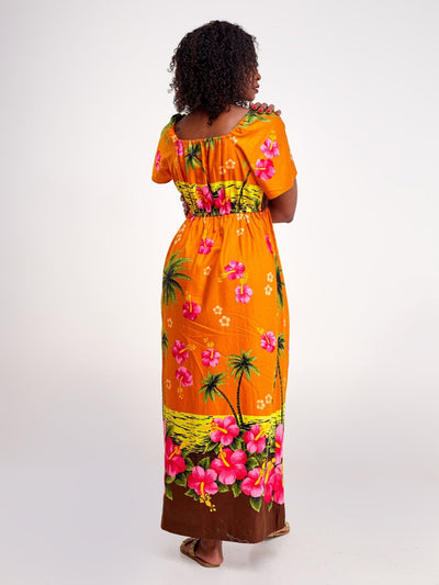 Sayuri Off Shoulder Printed Beach Dress - Orange - Shopzetu