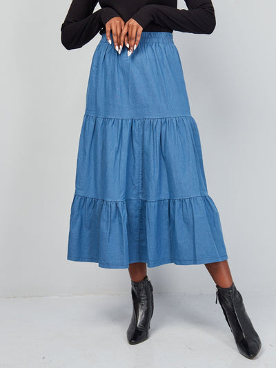 Alara Three Teir Denim Maxi Skirt - Light Blue - Shopzetu