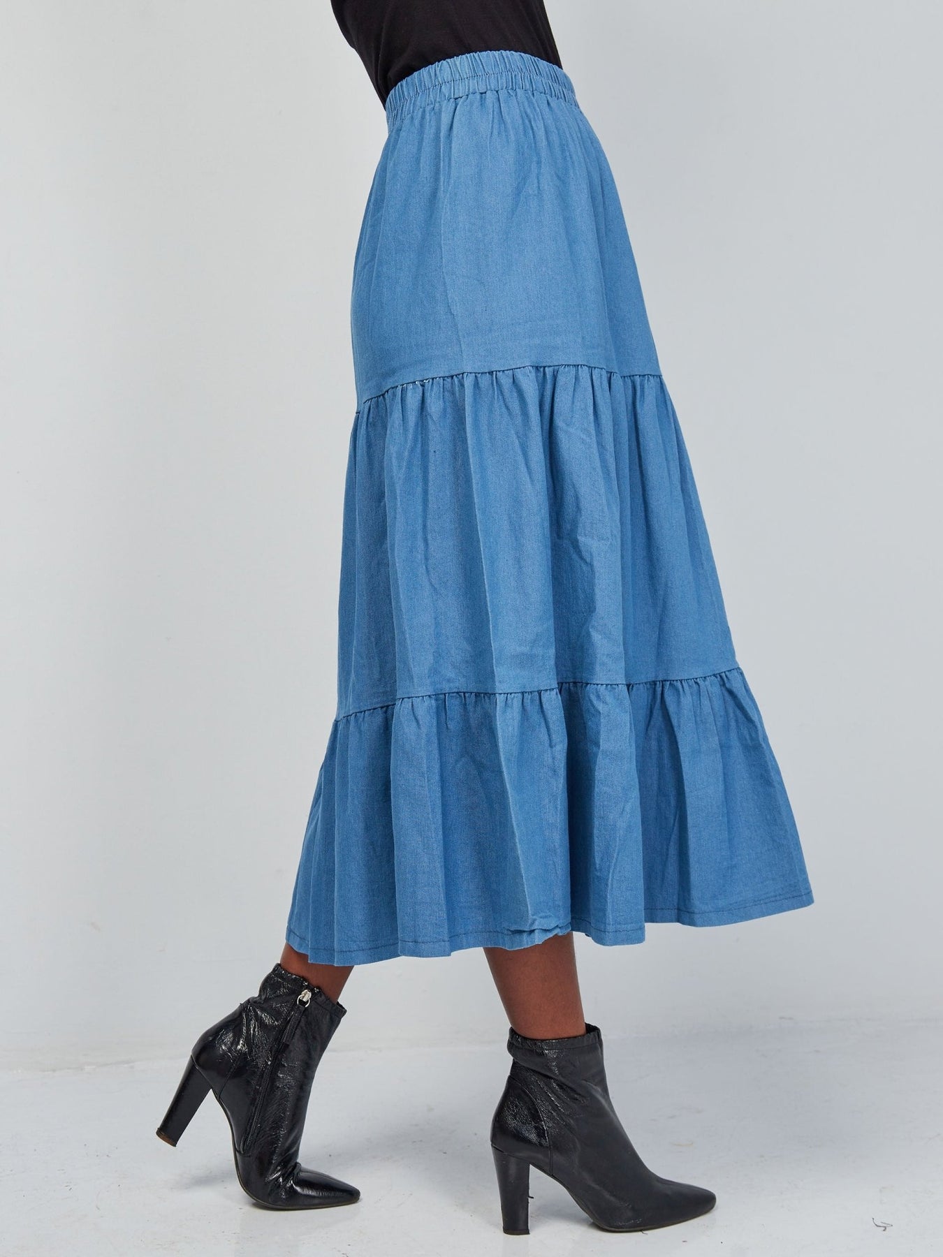 Alara Three Teir Denim Maxi Skirt - Light Blue – Shopzetu