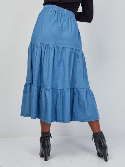 Alara Three Teir Denim Maxi Skirt - Light Blue - Shopzetu