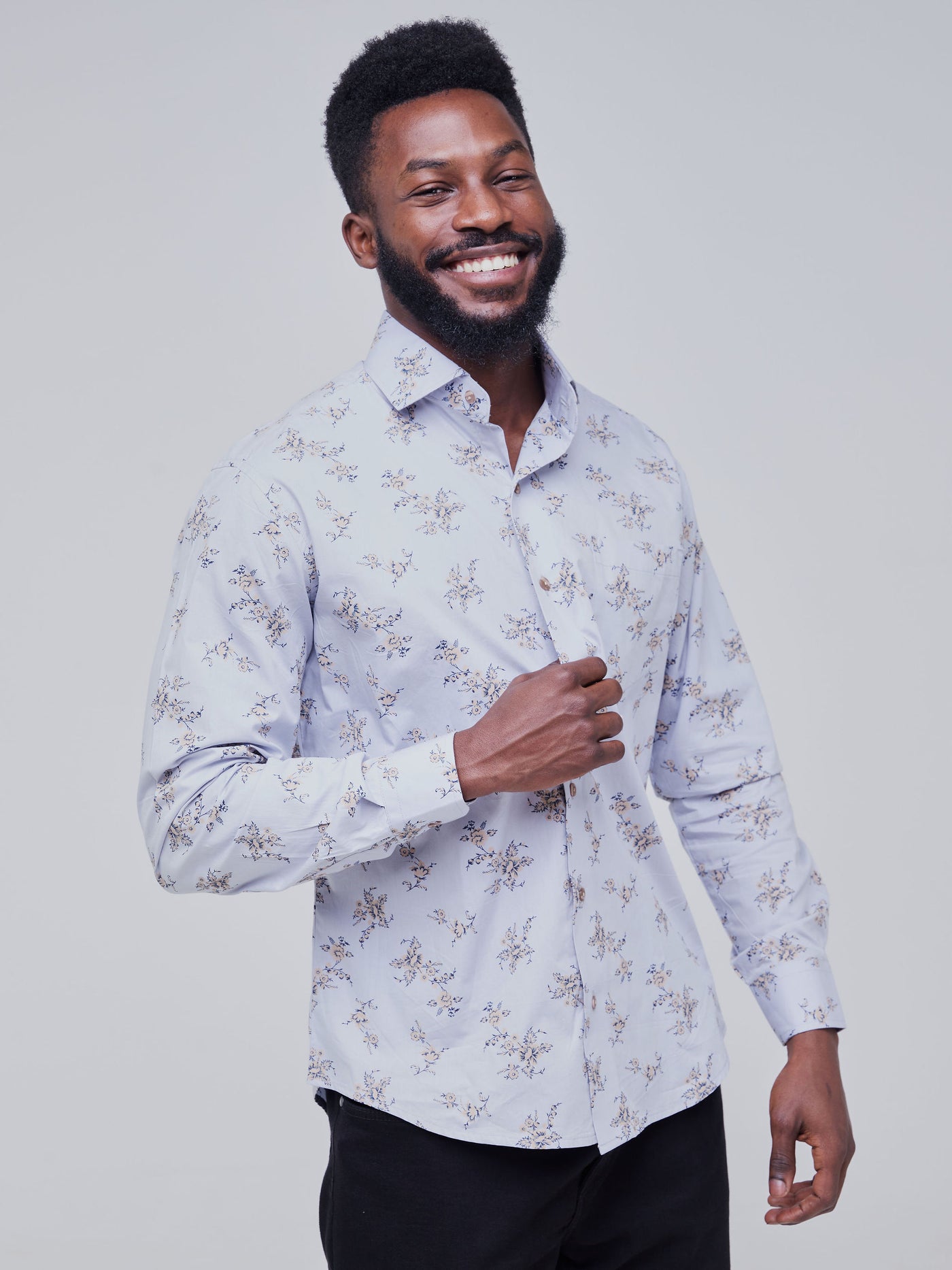 Safari Men's Long Sleeve Shirt - Light Grey Floral Print