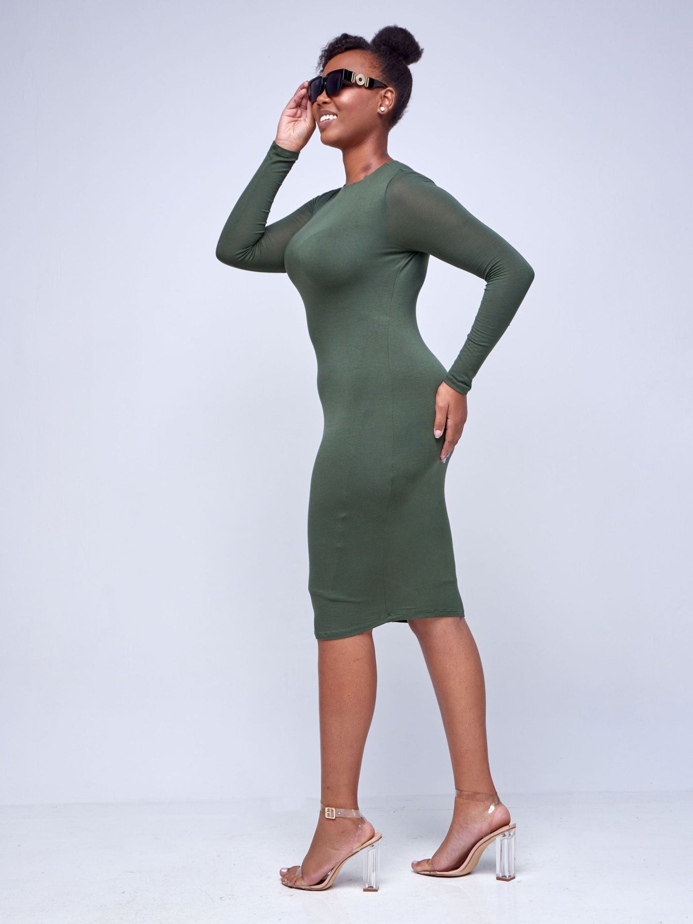 Popular 21 Long-Sleeve Double Layer Midi Dress - Olive Green - Shopzetu