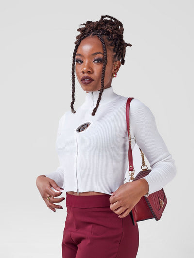 Anika High Neck Knitted Zipper Top - White - Shopzetu