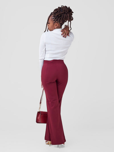 Anika Boot-Cut Dress Pants With Zipper on the Side - Dark Red - Shopzetu