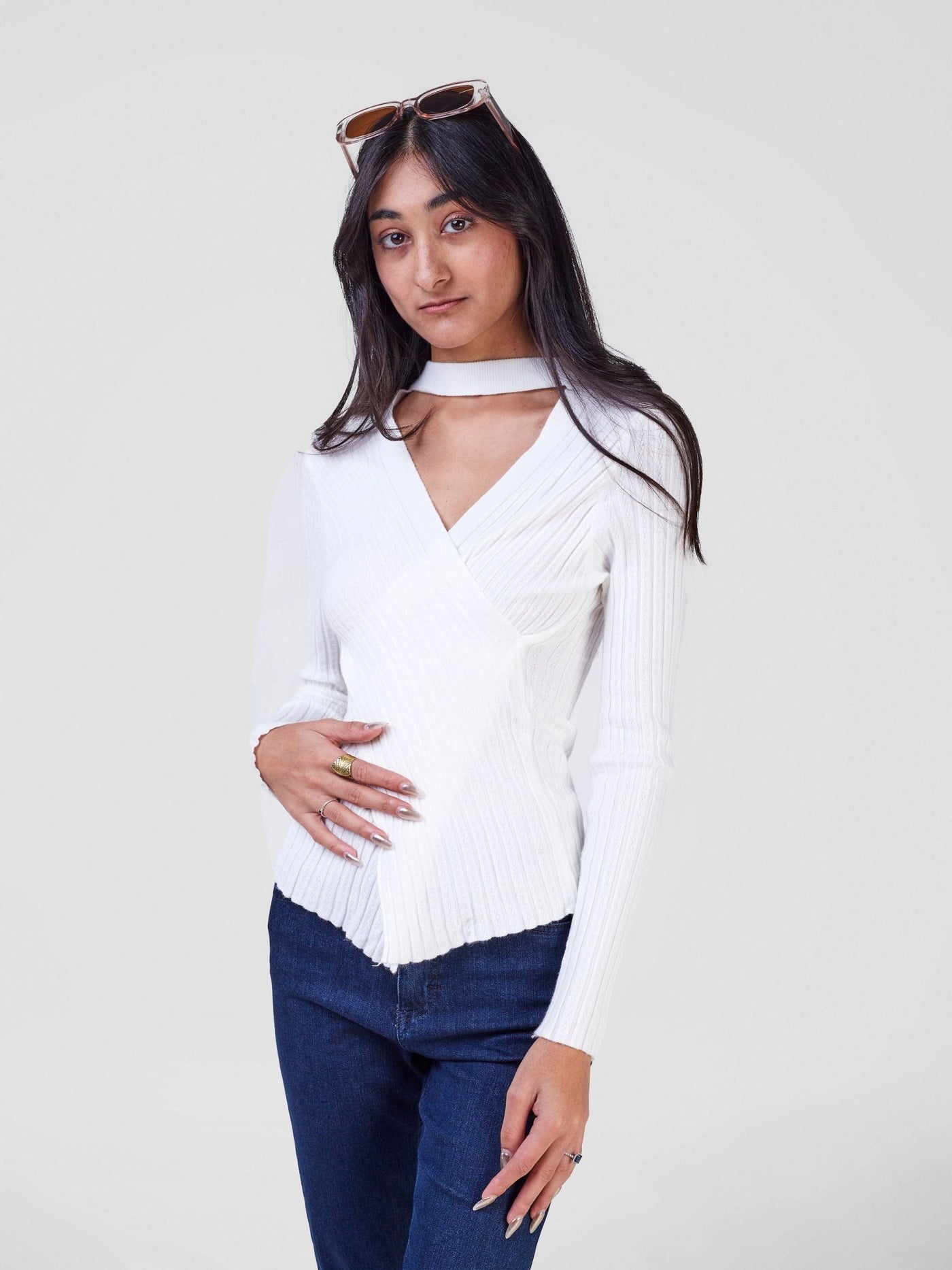 Anika Knitted Sweater With Front Overlap and Neck Design - White - Shopzetu