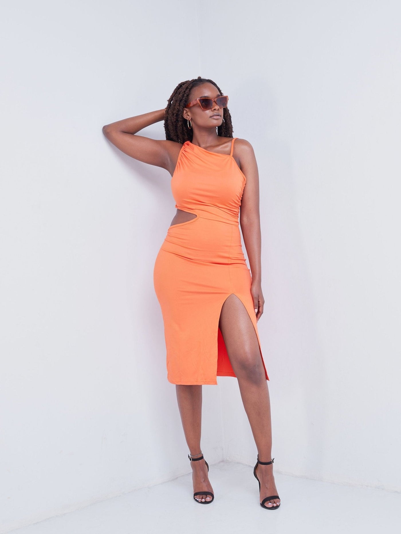Lola Orange Cut-out Side Split Sleeveless Bodycon Dress - Orange - Shopzetu