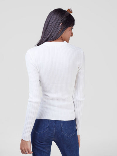 Anika Knitted Sweater With Front Overlap and Neck Design - White - Shopzetu