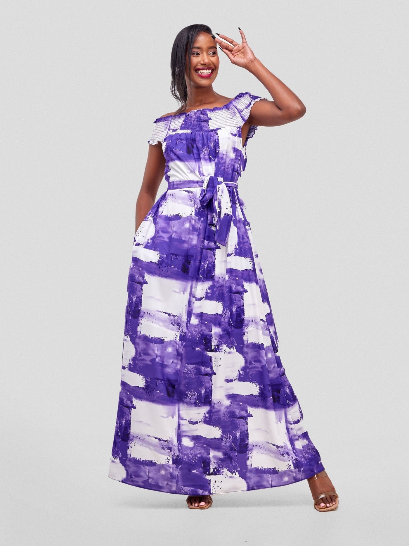 Vivo Alek Off-Shoulder Maxi Dress - Purple / White Print - Shopzetu
