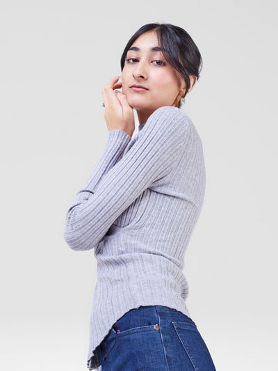 Anika Knitted Sweater With Front Overlap and Neck Design - Grey - Shopzetu
